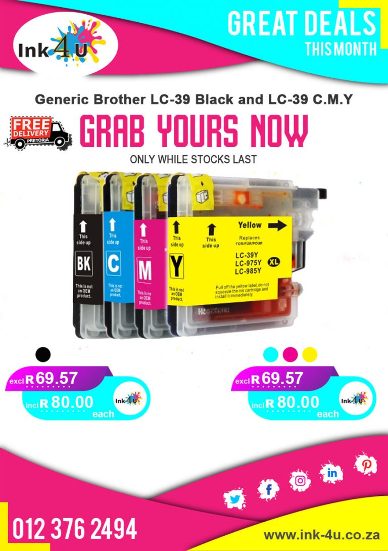 Generic Brother LC-39 Black, Cyan, Magenta and Yellow Ink Cartridges